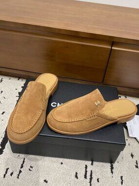 CHANEL Camel Suede Mule Loafers Gold CC